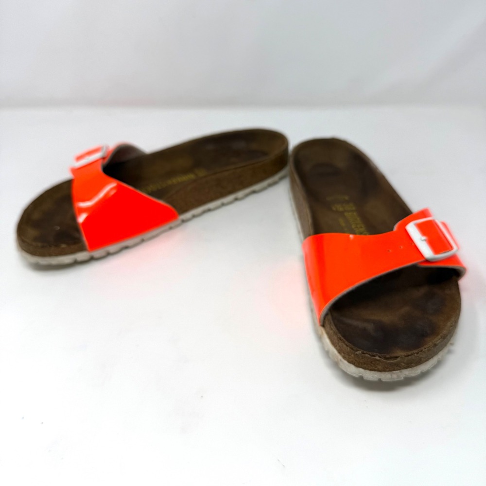 Birkenstock Madrid Neon Orange Patent Slide Sandals Women Size 38 7.5 Germany